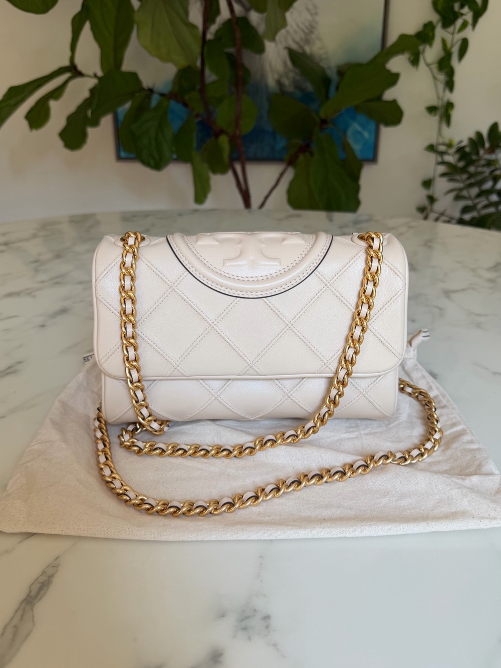 Tory Burch Small Fleming Soft Convertible Leather Shoulder Bag New Cream Gold